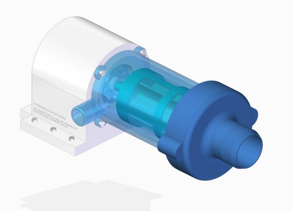 Final CAD render of the Oyster: a cylindrical filter cartridge in a transparent housing mounted on a motor unit