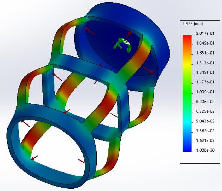 FEA displacement result on the Oyster inner case, colour map highlighting the shaft crossing region