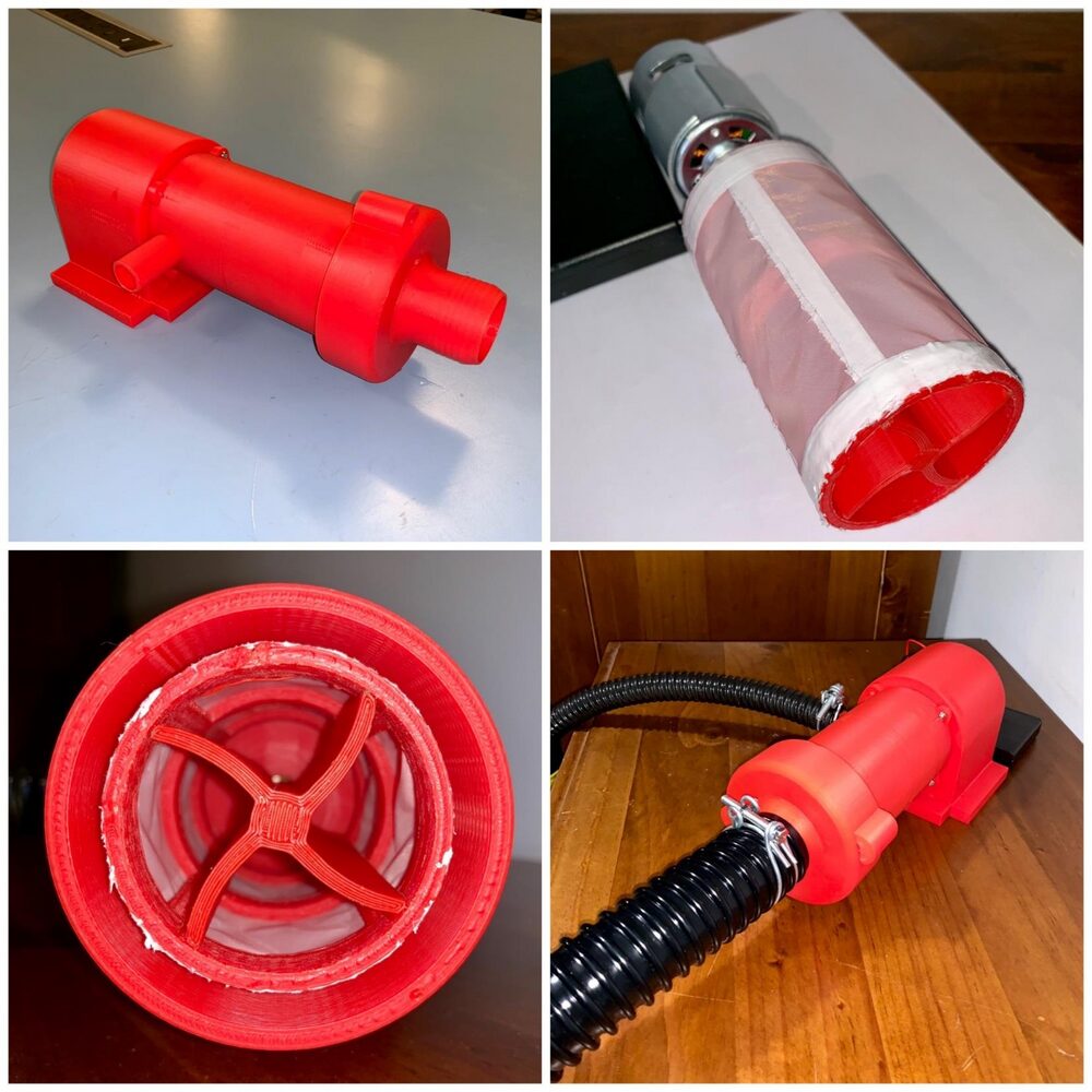 Four photos of the 3D-printed Oyster prototype: assembled unit, mesh cartridge, propeller insert, and the test rig with hoses